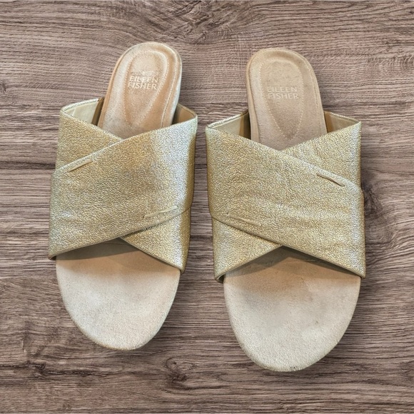 Eileen Fisher Shimmering Gold Crisscross Mules - Picture 1 of 6